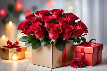 Heart-shaped chocolates and red roses for Valentine's Day.