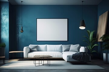 In the inside of a living room with a white leather couch, carpet, floor lamp, and coffee table on hardwood flooring, there is a blank horizontal poster on a blue concrete wall