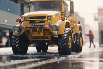 A large yellow truck driving down a snow covered street. Perfect for winter transportation and city scenes