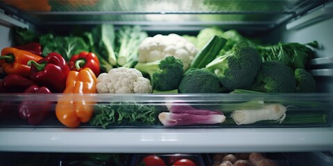 A refrigerator filled with a variety of fresh vegetables. This image can be used to showcase healthy eating, meal preparation, or a well-stocked kitchen