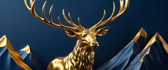 Majestic Golden deer Standing Against a Backdrop of Flowing Blue carving