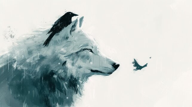  a painting of a wolf and a bird on a white background with a black bird on the left side of the wolf's head and a black bird on the right side of the left side of the image.