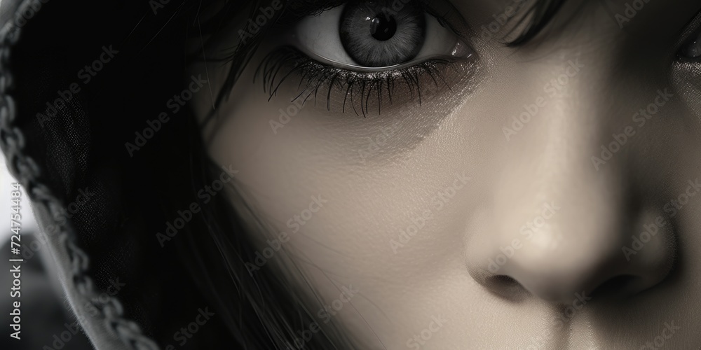 Poster Close-up of a woman's face with a hood. Versatile image suitable for various concepts