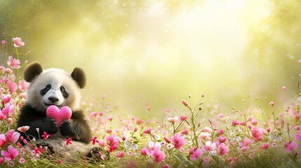 Cute panda baby presenting heart shaped gift on blurred magical background, valentine s day