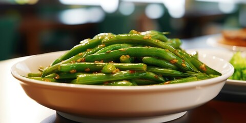 A white bowl filled with green beans is placed next to a plate of broccoli. This image can be used to showcase healthy eating, vegetarian meals, or a side dish for a balanced diet