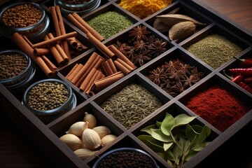 Fototapeta premium A wooden box filled with a variety of spices. Can be used to add flavor and aroma to dishes