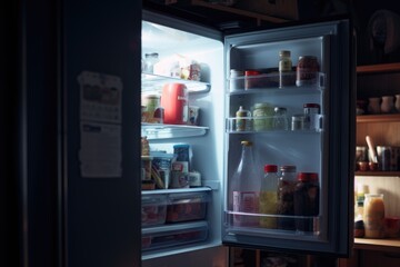 A photo of an open refrigerator in a dark room. Can be used to illustrate a power outage or a scene from a horror movie