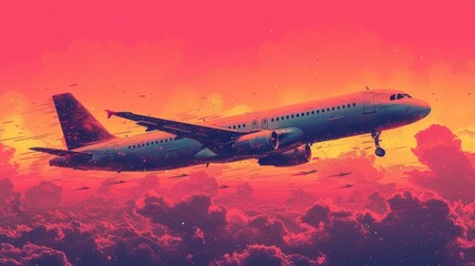  a large jetliner flying through a cloudy sky over a red and yellow sky with clouds and a red and orange sky with clouds and a plane in the foreground.