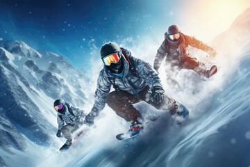 Snowboarders riding down a snow-covered mountain. Perfect for winter sports enthusiasts and adventure seekers