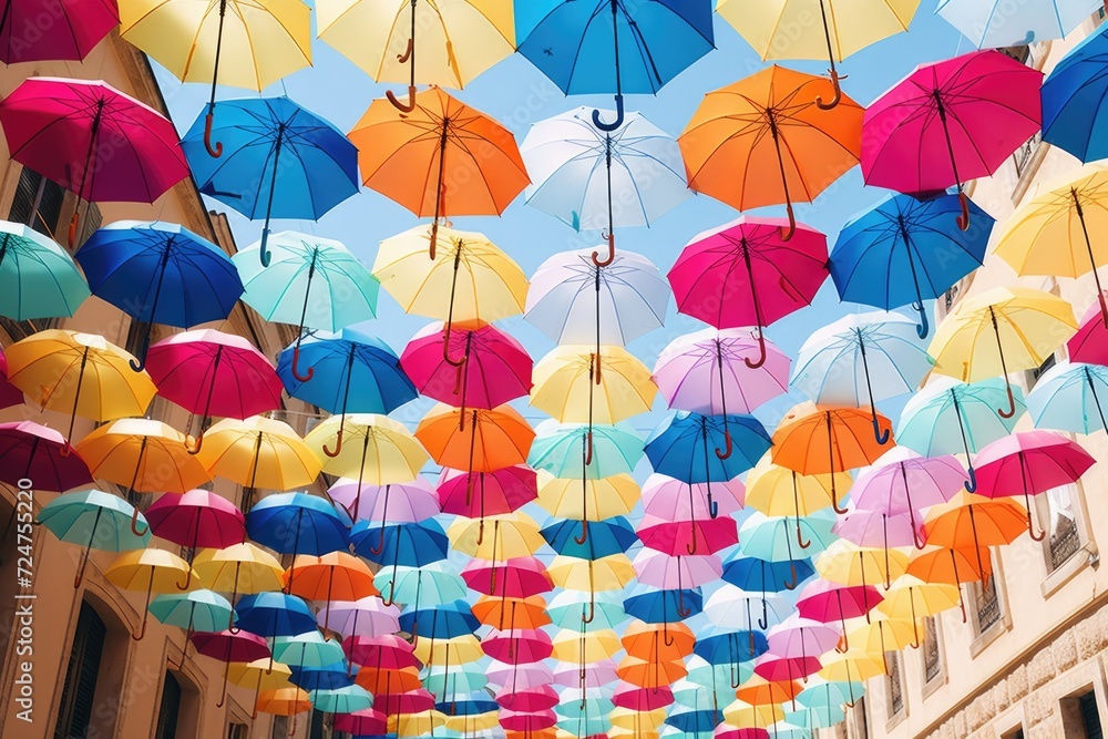 Poster colorful umbrellas hanging from the ceiling. can be used as a decorative element for events or indoo
