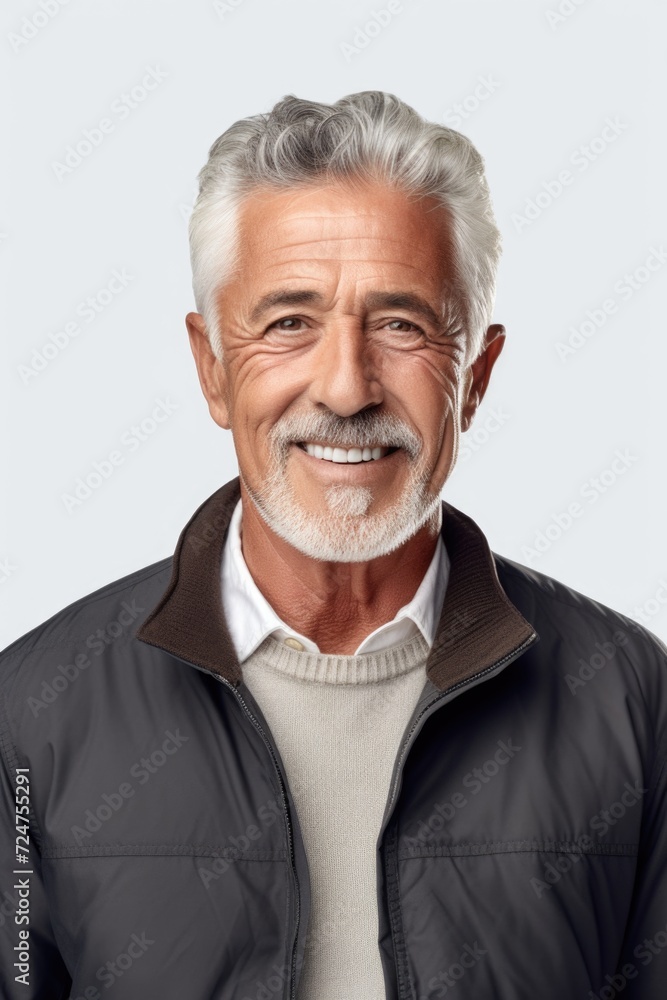 Poster a man with a white beard wearing a black jacket. suitable for various concepts and themes