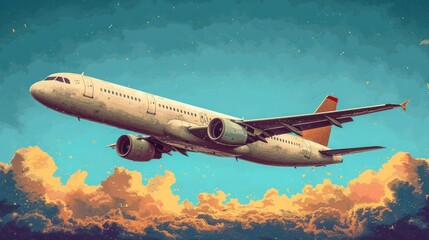  a painting of an airplane flying in the sky with clouds in the foreground and a blue sky with yellow and white clouds in the foreground, and a blue sky with yellow and orange.