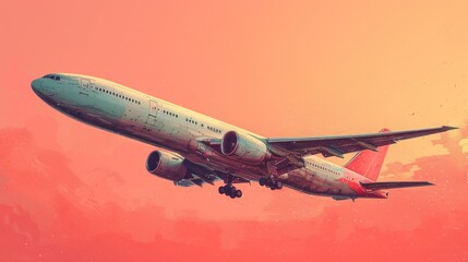  a large jetliner flying through a red and orange sky with a sky line in the back ground and a sky line in the middle of the bottom of the photo.