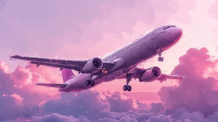  a large jetliner flying through a cloudy blue and pink sky on top of a pink and white cloud filled sky with a pink and purple hued sky behind it.