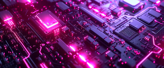 Obraz premium abstract background circuit technology colorful science, microchip mainboard, purple pink color, background ultra wide 21:9