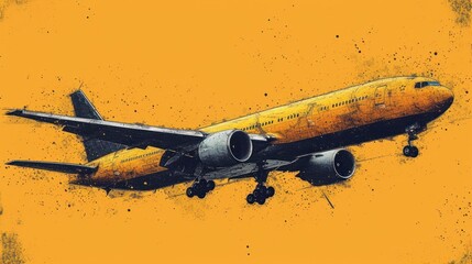 a painting of a yellow and black jet airliner on a yellow background with black spots on the bottom part of the plane and the bottom part of the plane.