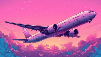  a painting of an airplane flying in the sky with clouds in the foreground and pink and purple hues in the sky with stars and clouds in the background.