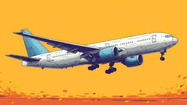  a large jetliner flying through a yellow sky next to a red and yellow background and a red and yellow background with a white plane on it's side.