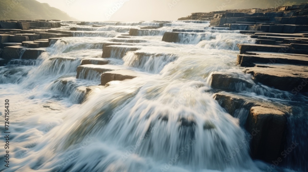 Poster a majestic scene of a large waterfall flowing over rocks and cascading into the ocean. perfect for n