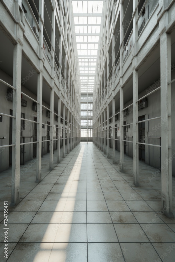 Poster A picture of a long hallway in a building with numerous windows. This image can be used to depict a spacious and well-lit indoor environment