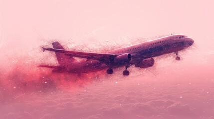  an airplane is flying through the air on a pink and white background with a splash of water on the bottom part of the plane and the bottom part of the plane.