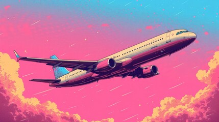 a painting of an airplane flying in the sky with a pink and blue sky in the background and a pink and blue sky with white clouds in the foreground.