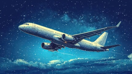  a large jetliner flying through a blue sky filled with lots of stars on top of a cloud filled blue sky with white clouds and blue sky with white stars and white clouds.