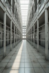 A picture of a long hallway in a building with numerous windows. This image can be used to depict a spacious and well-lit indoor environment