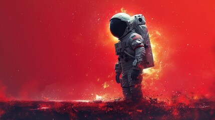  a man in a space suit standing in front of a red background with a fireball in the middle of the image and a red sky behind him is an explosion of smoke.
