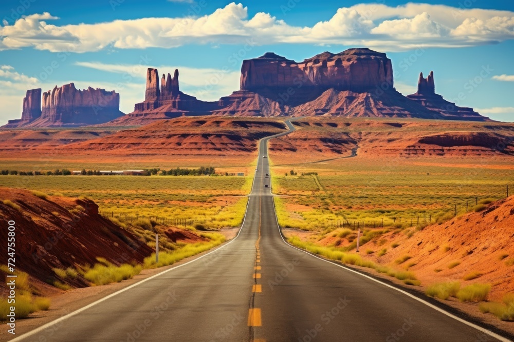 Canvas Prints A picture of a long road stretching through a vast desert. This image can be used to represent travel, adventure, or the feeling of being alone in a vast landscape