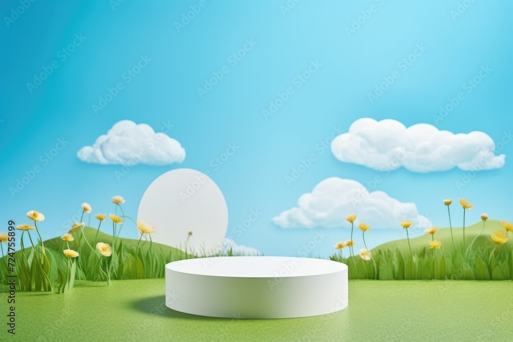 Poster An empty platform surrounded by a beautiful field of flowers. Perfect for nature-themed designs or concepts of solitude and serenity