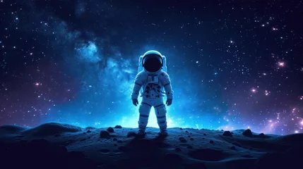Fotobehang  an astronaut standing on the surface of the moon looking at the stars in the night sky with a bright blue light shining on the moon in the middle of the background. © Shanti