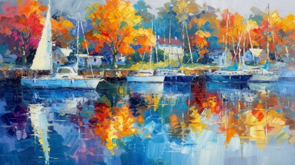 A cozy harbor scene filled with sailboats and colorful reflections on the water - Impressionism