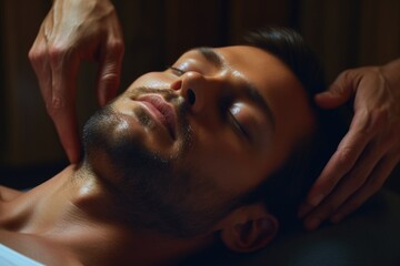 A man receiving a relaxing facial massage at a spa. Perfect for promoting self-care and relaxation