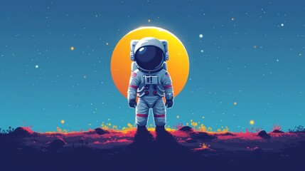  a man in a space suit standing on top of a hill in front of a full moon with a bright orange sun in the distance behind him and a blue sky filled with stars.