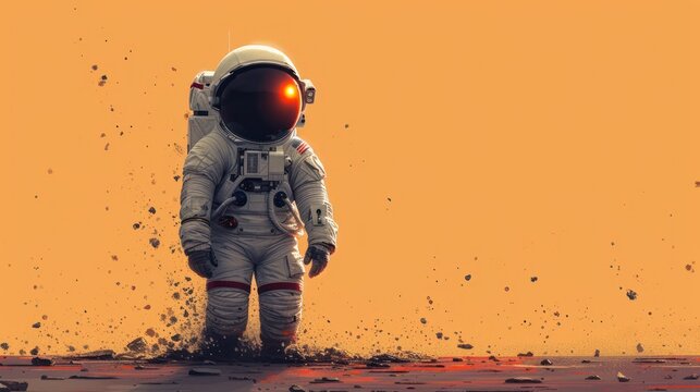  a man in a space suit standing in a puddle of mud and dirt in front of an orange sky with a red spot in the center of the image of the image.