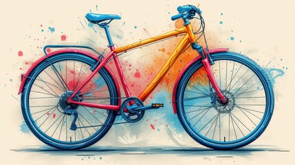  a bicycle painted with watercolors on a white background with a splash of paint on the back of the bike and the front tire of the bike is leaning against the wall.
