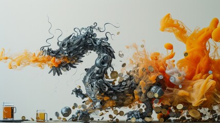 A dragon made of various household objects breathing a fire of overflowing ink and gold coins - Surrealism