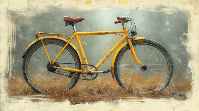  a painting of a yellow bicycle parked in a field of dry grass with rain falling on the ground and grass in the foreground, and a gray sky in the background.