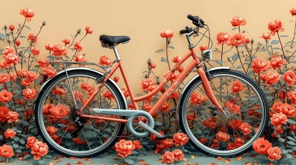  a painting of a bicycle parked in front of a wall with red flowers in the foreground and a yellow wall in the background with red flowers in the foreground.