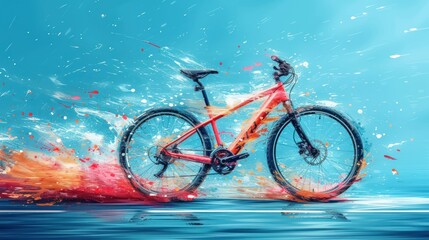  a painting of a bicycle in the water with splashes of paint on the bike's front wheel and the front tire and seat of the bike in the foreground.