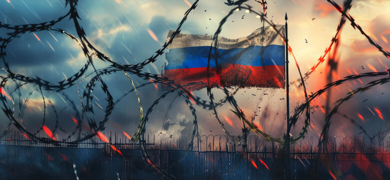 Symbolic Struggle: Russian Flag Amidst Barriers