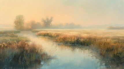 Fototapeta na wymiar A misty morning countryside landscape with a meandering river and soft pastel colors - Impressionism