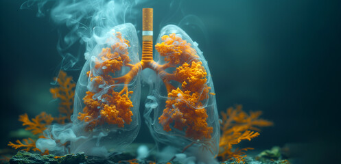 A smoker's lungs are spoiled sick from the tobacco smoke of cigarettes. The harm of smoking. World No Smoking Day - obrazy, fototapety, plakaty