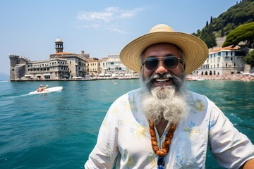 Happy bearded senior man enjoying summer road trip in italy with luxury cabrio adventure