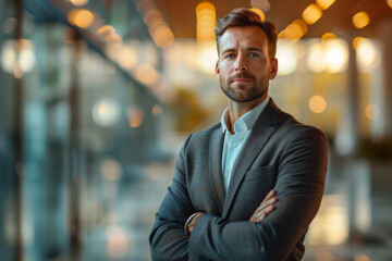 Mature adult businessman standing in the office hall. A man in a suit looking like a businessman or ceo manager