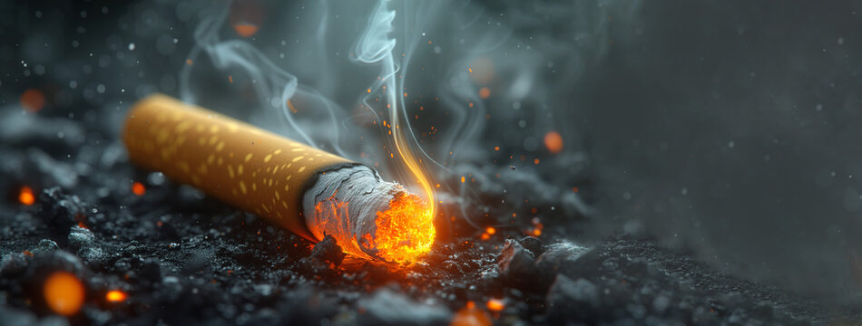 Destroying, burning cigarette in ash and smoke. World No Smoking Day