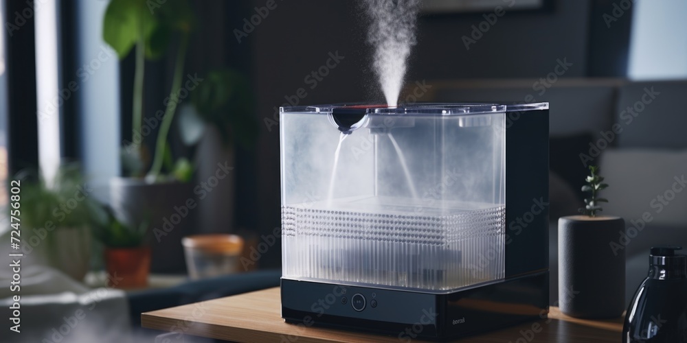 Aufkleber A compact, straightforward description of a humidifier sitting on top of a wooden table. This versatile image can be used in various contexts