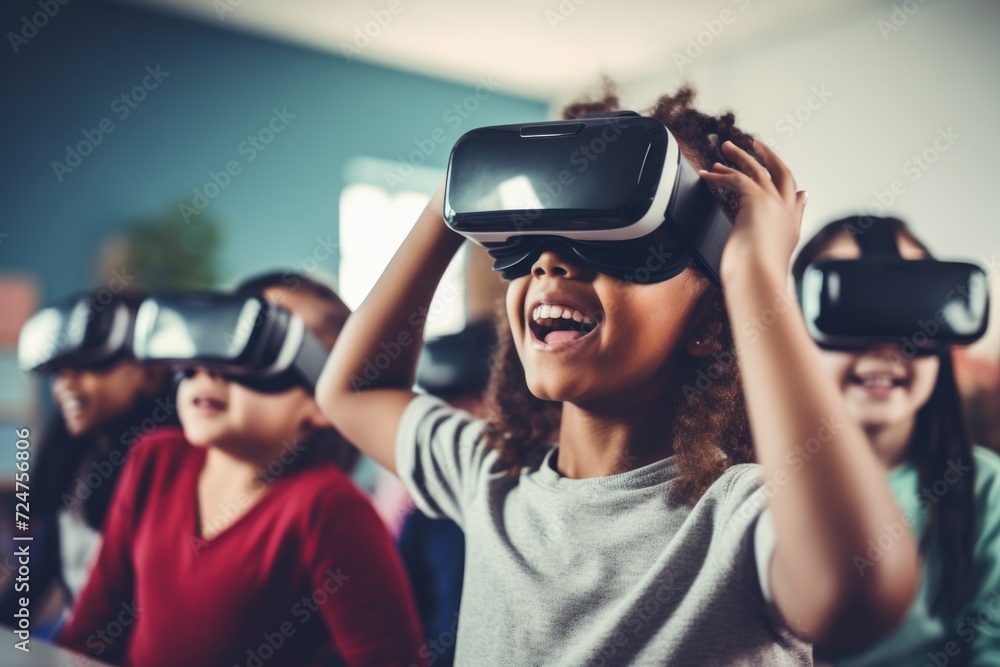 Aufkleber children in a group wearing virtual reality headsets. ideal for illustrating the use of technology i