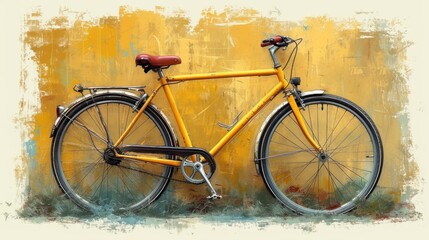  a painting of a yellow bicycle leaning against a yellow wall with a red seat on the front of the bike and a red seat on the back of the bike.